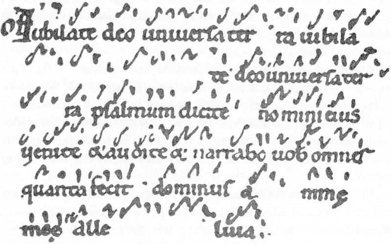 Text from the chant "Iubilate deo universa terra." Note the neumes that appear above the words.